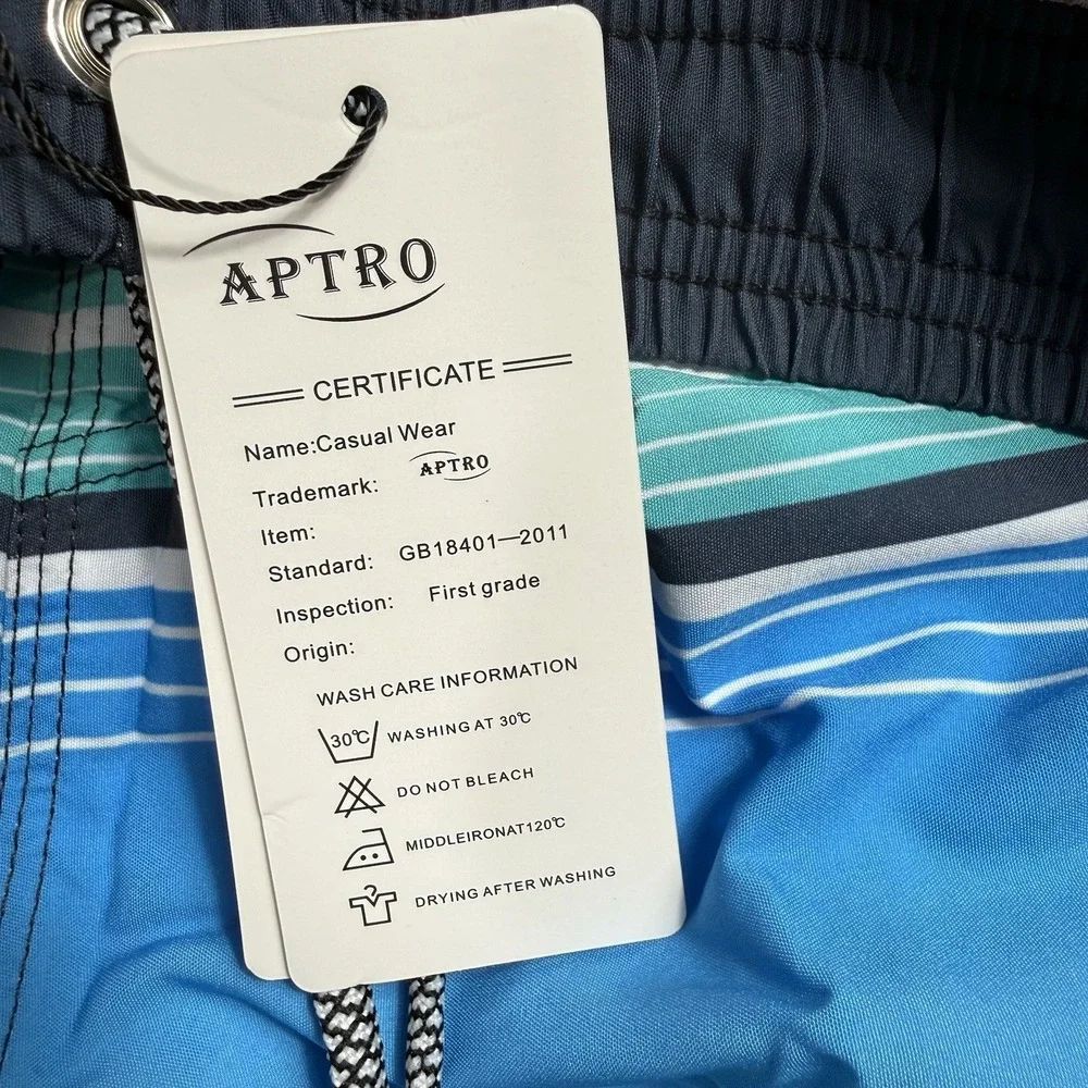 Aptro Men's Blue‎ Ombre Striped Swim Trunks Board Shorts Drawstring Pockets